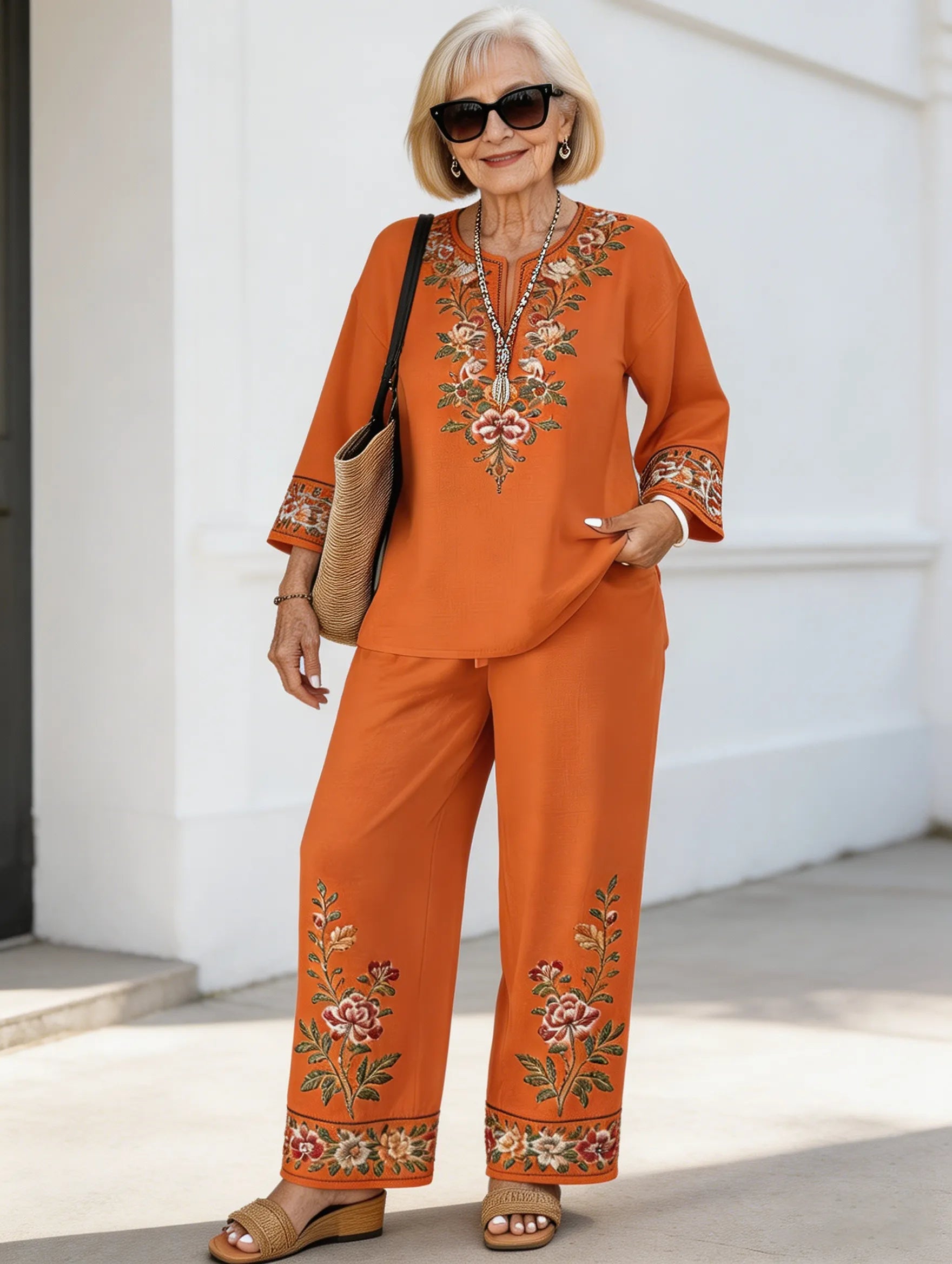2Pcs Vacation Long-sleeved Lace Flower Long-sleeved Ethnic Style Suit