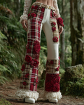 Women's Spring Floral Embroidered Plaid Patchwork Design Trousers  1718