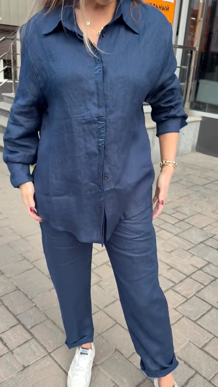 Women's Collared Cotton Linen Casual Suit