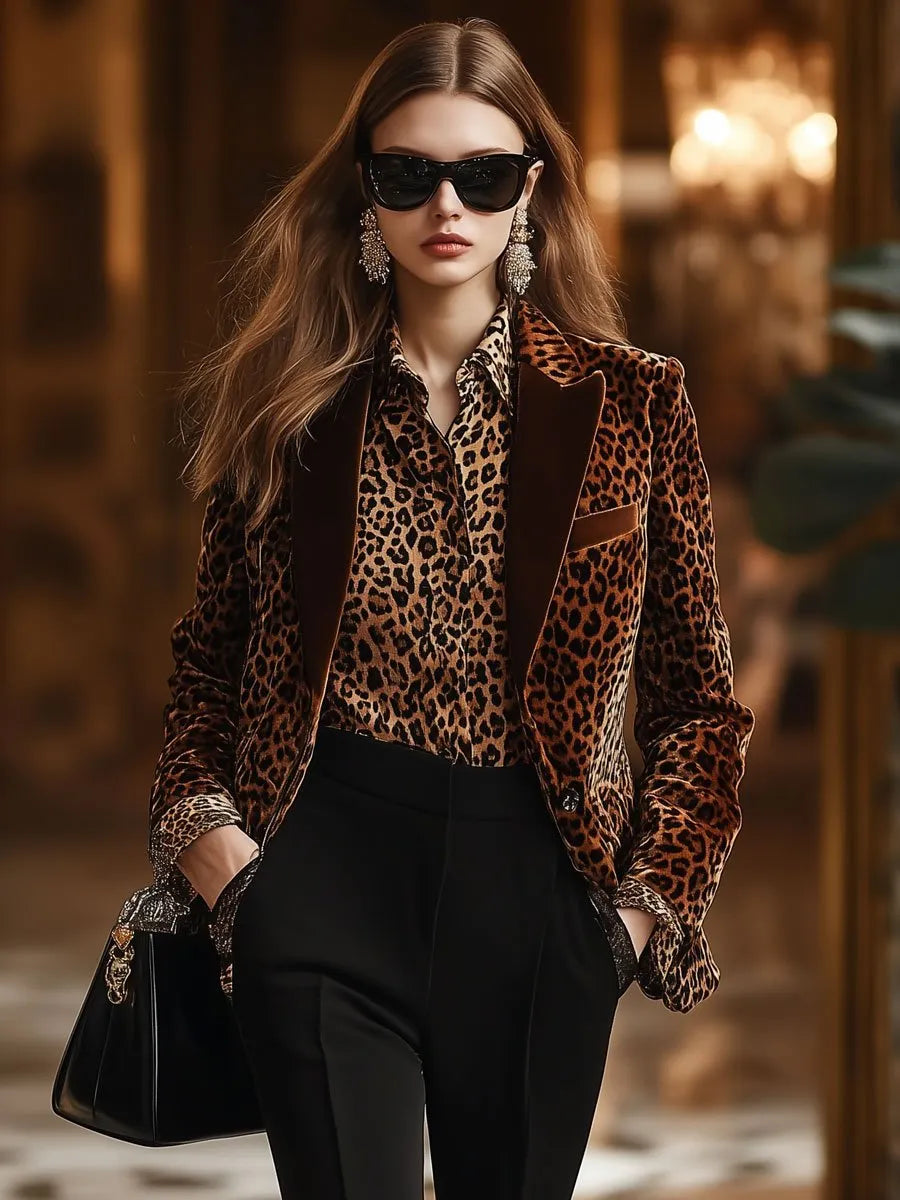 [24-hour shipping out]Casual Loose Retro Velvet Leopard Print Collar Blazer