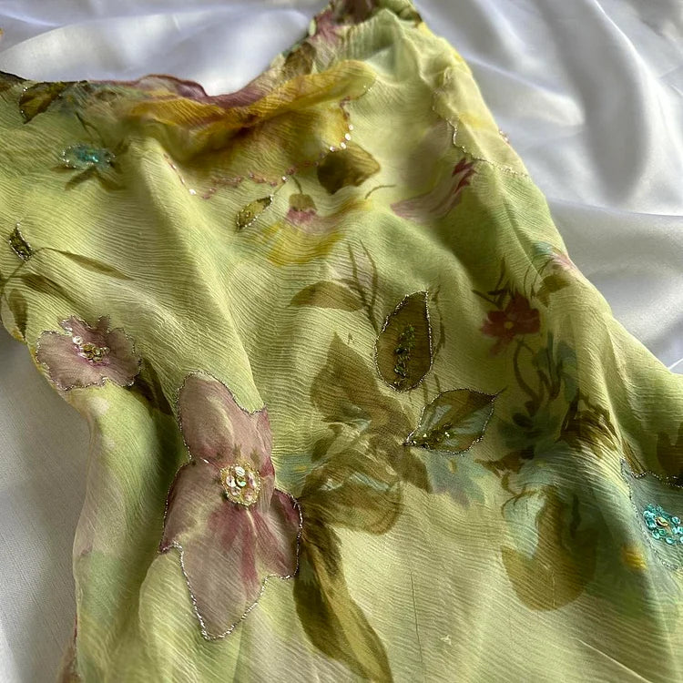 Green Floral Elegant Beaded Long Chiffon Ball Gown Evening Dress Party Dress