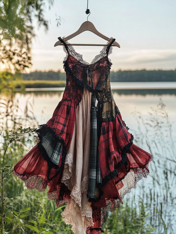 Summer Handmade Lace Plaid Patchwork Dress c6af