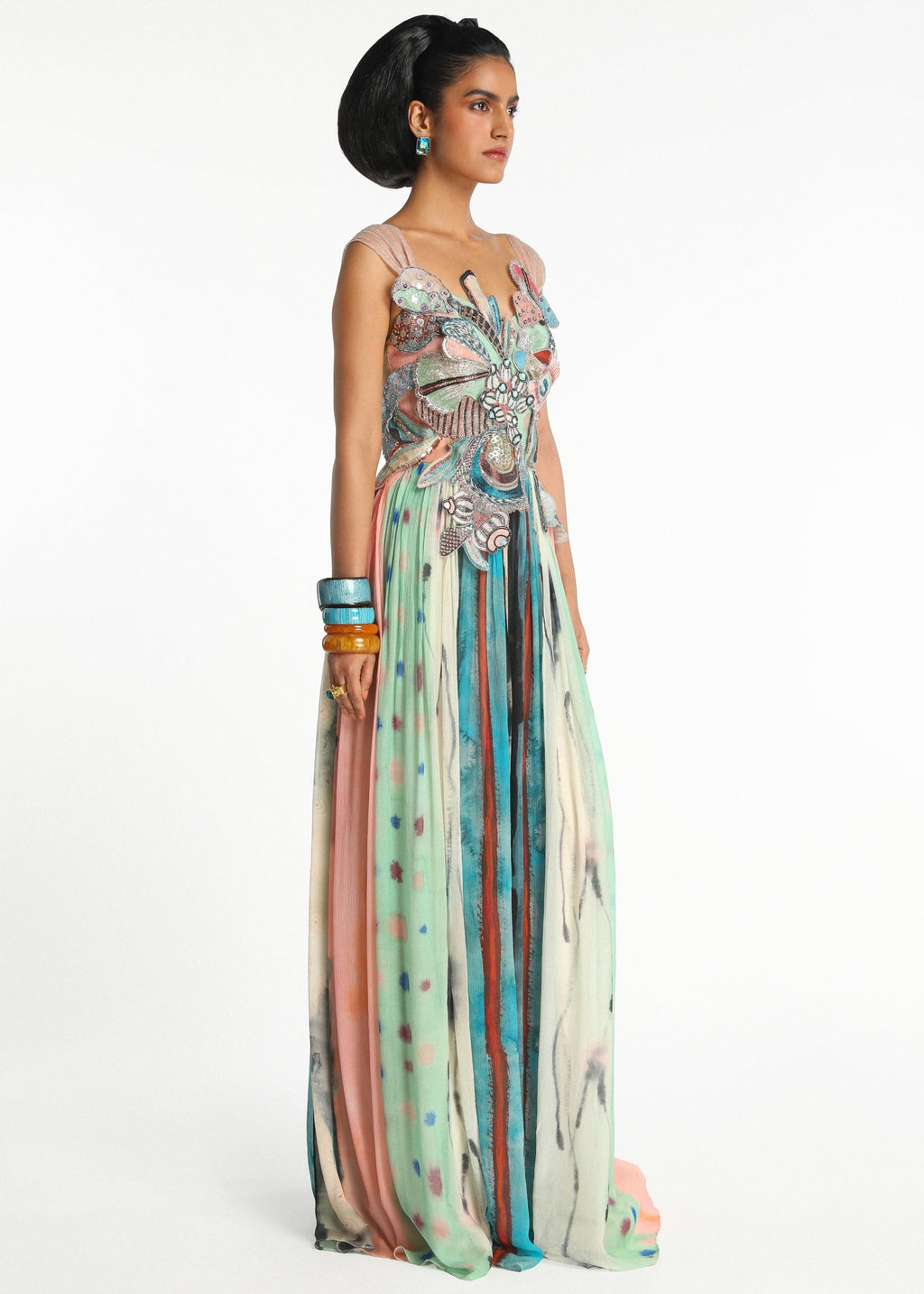 Aether - Aurora applique 3d embellished flower cupro gathered maxi dress