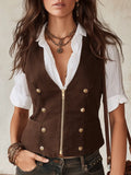 Western Boho Cotton-Linen Slim-Fit V-Neck Brown Waistcoat