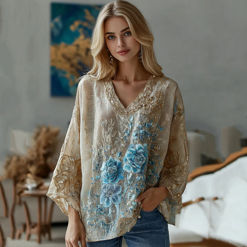 Vintage Marble Texture Collection Bohemia Gradient Gilded Pattern Linen V Neck T-shirt