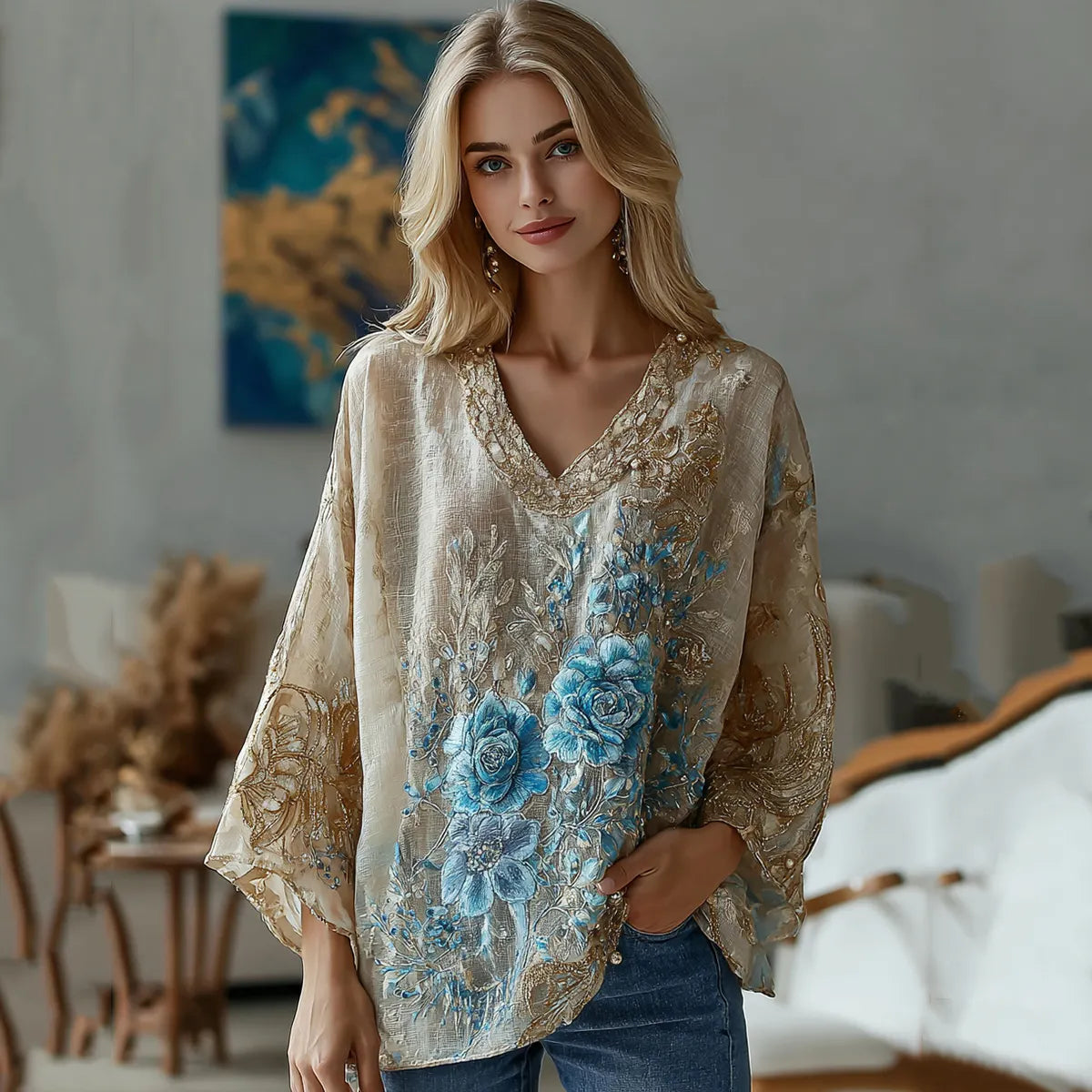 Vintage Marble Texture Collection Bohemia Gradient Gilded Pattern Linen V Neck T-shirt