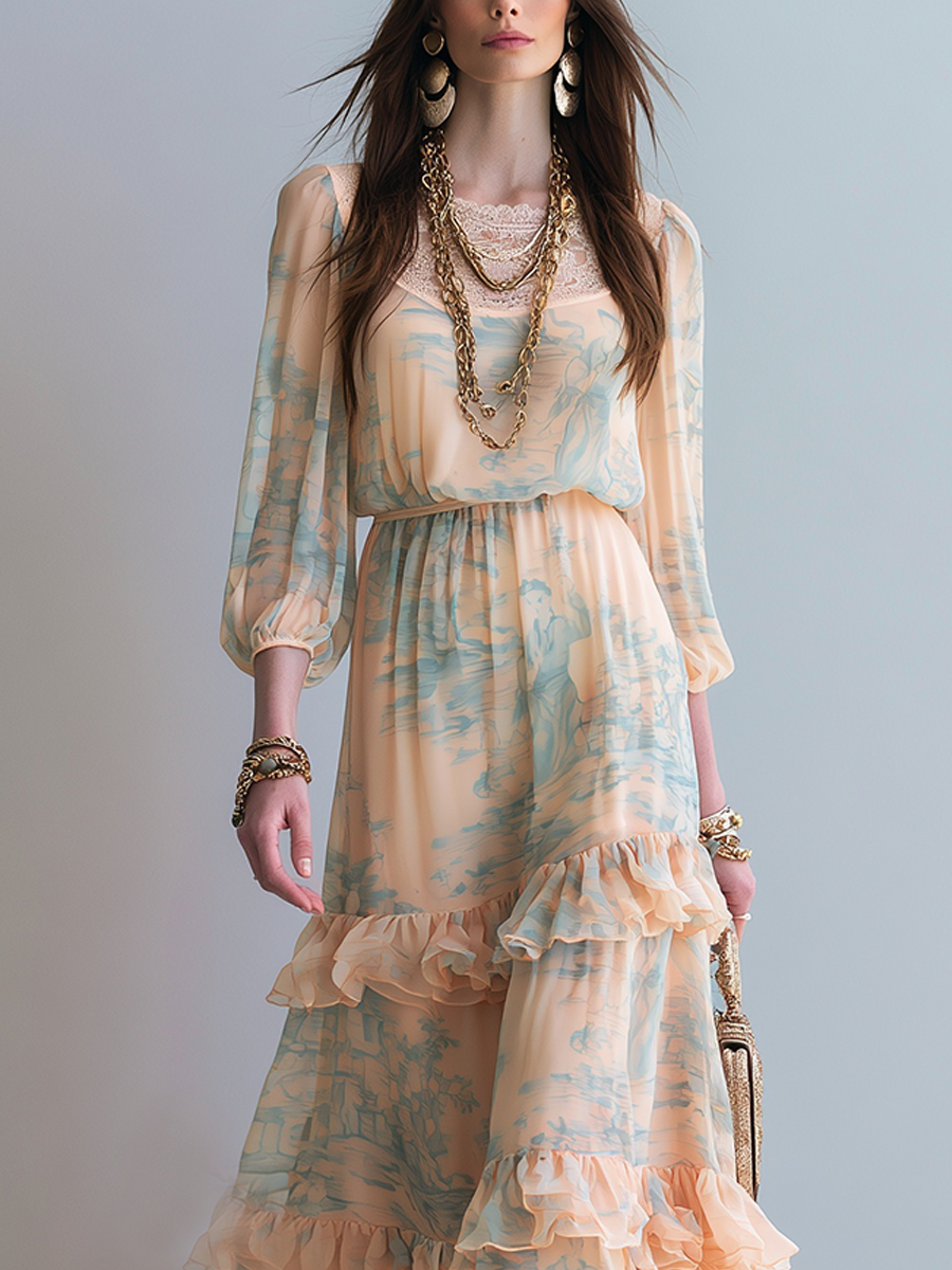 Bohemian Apricot Ruffled Maxi Dress