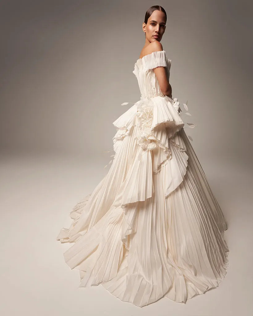 CALLA Off-Shoulder Embellished Plisse Taffeta Bridal Gown