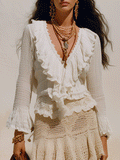 Bohemian Ruffle Resort Ivory Deep-V Lace Trim Blouse