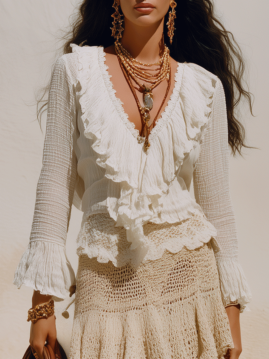 Bohemian Ruffle Resort Ivory Deep-V Lace Trim Blouse