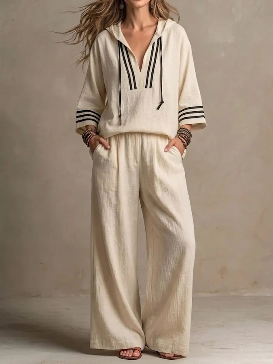 Women's Casual Relaxed Hoodie And Wide-leg Pants Cotton-linen Set