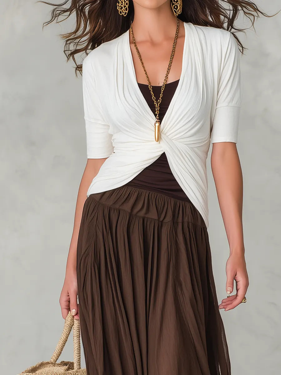Refined White Twist Front Top & Cocoa Skirt Set