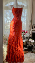 Orange Beautiful Charming Fashion Elegant Shiny Exquisite Beaded Long Chiffon Ball Gown Evening Gown Birthday Party Gown Prom Gown Graduation Gown 3947