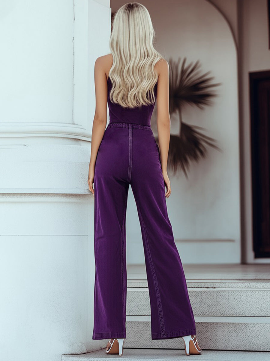 [24-hour shipping out]Mysterious Vintage Purple Denim Sleeveless Wide Leg Jumpsuit