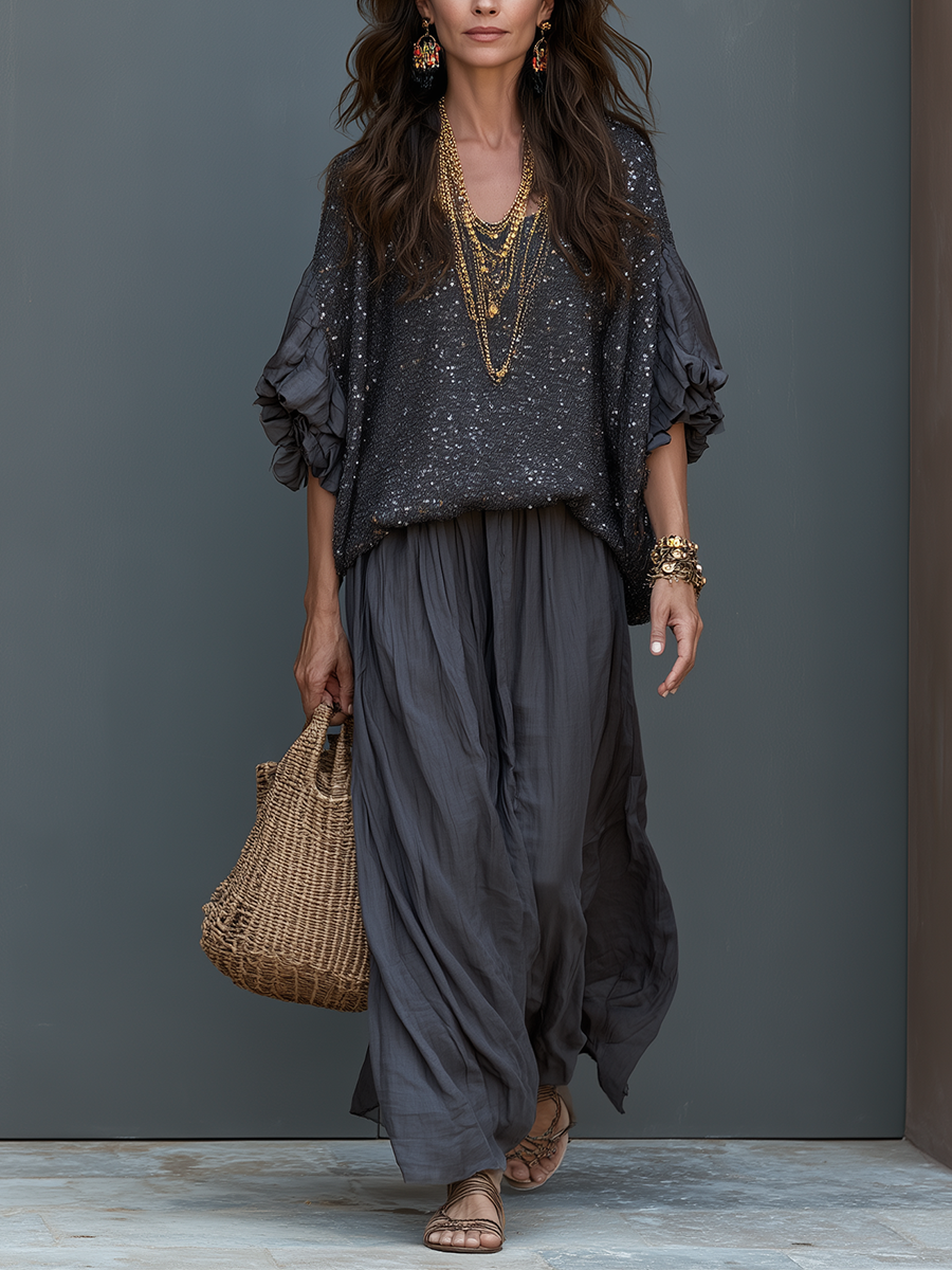 Charcoal Gray Sequined Top And Skirt Set