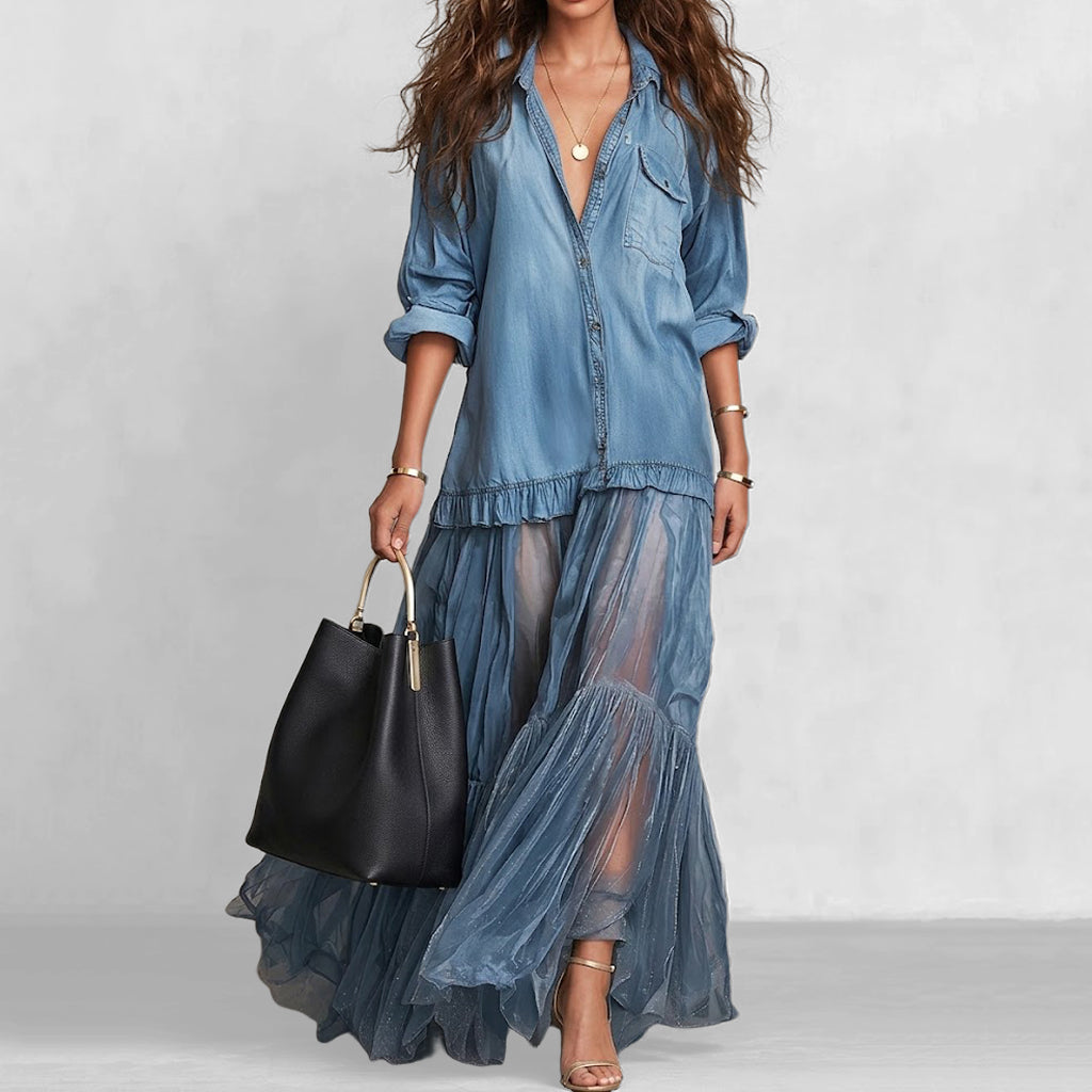 Denim Sheer Tulle Layered Maxi Dress