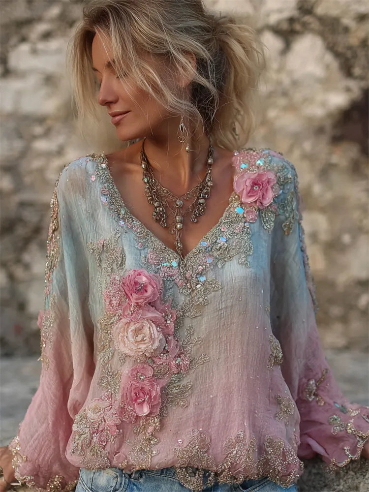 Boho Roses Glitter Diamonds Beaded Gradient Flowy Tunic