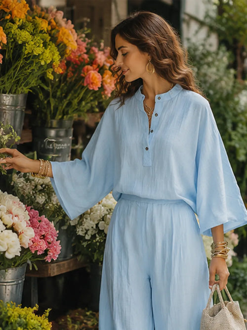 Bohemian Style Linen Wide Sleeved Top And Pants Set