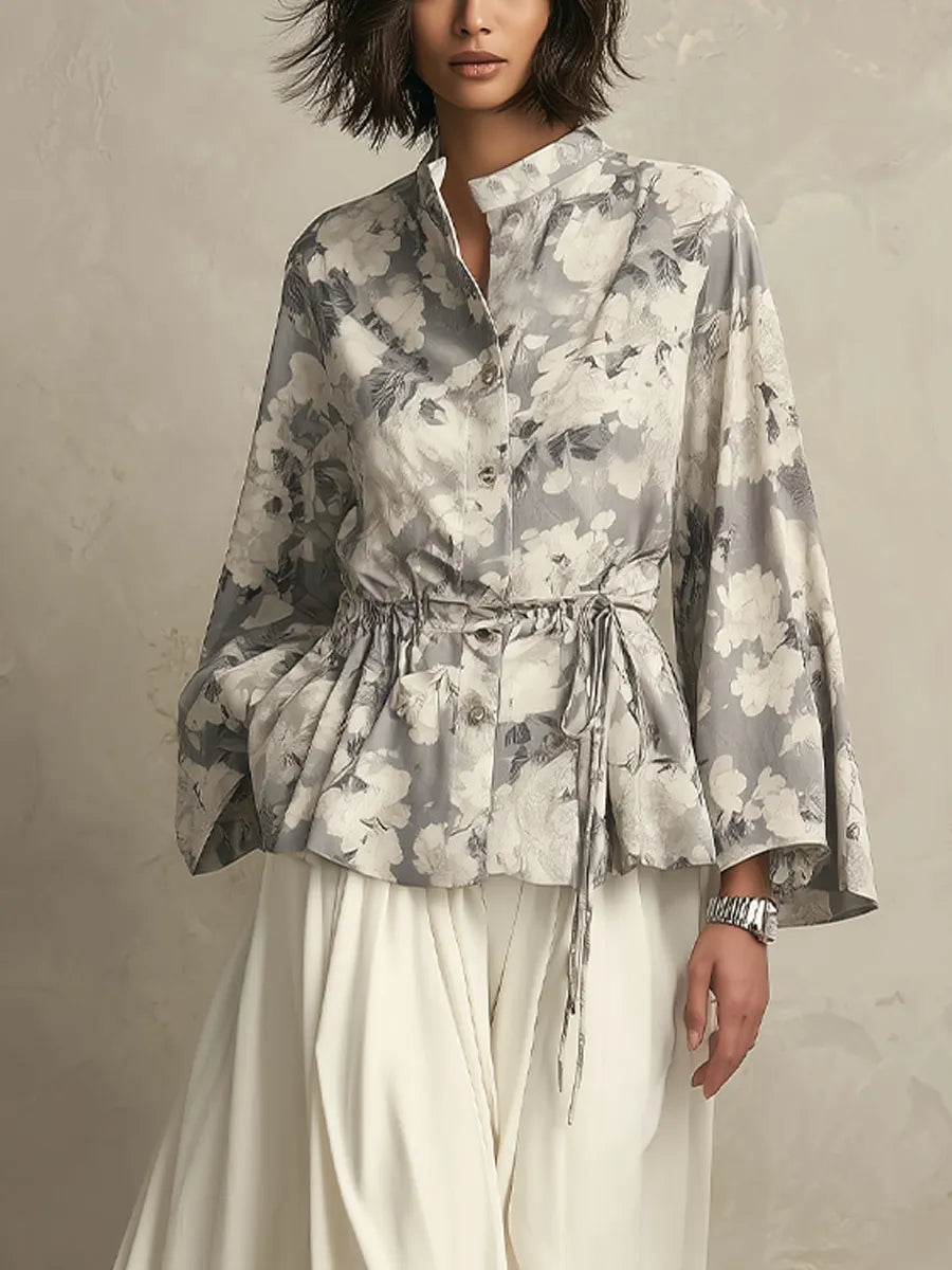 Bohemian Gray Floral Print Top And Long Skirt Set