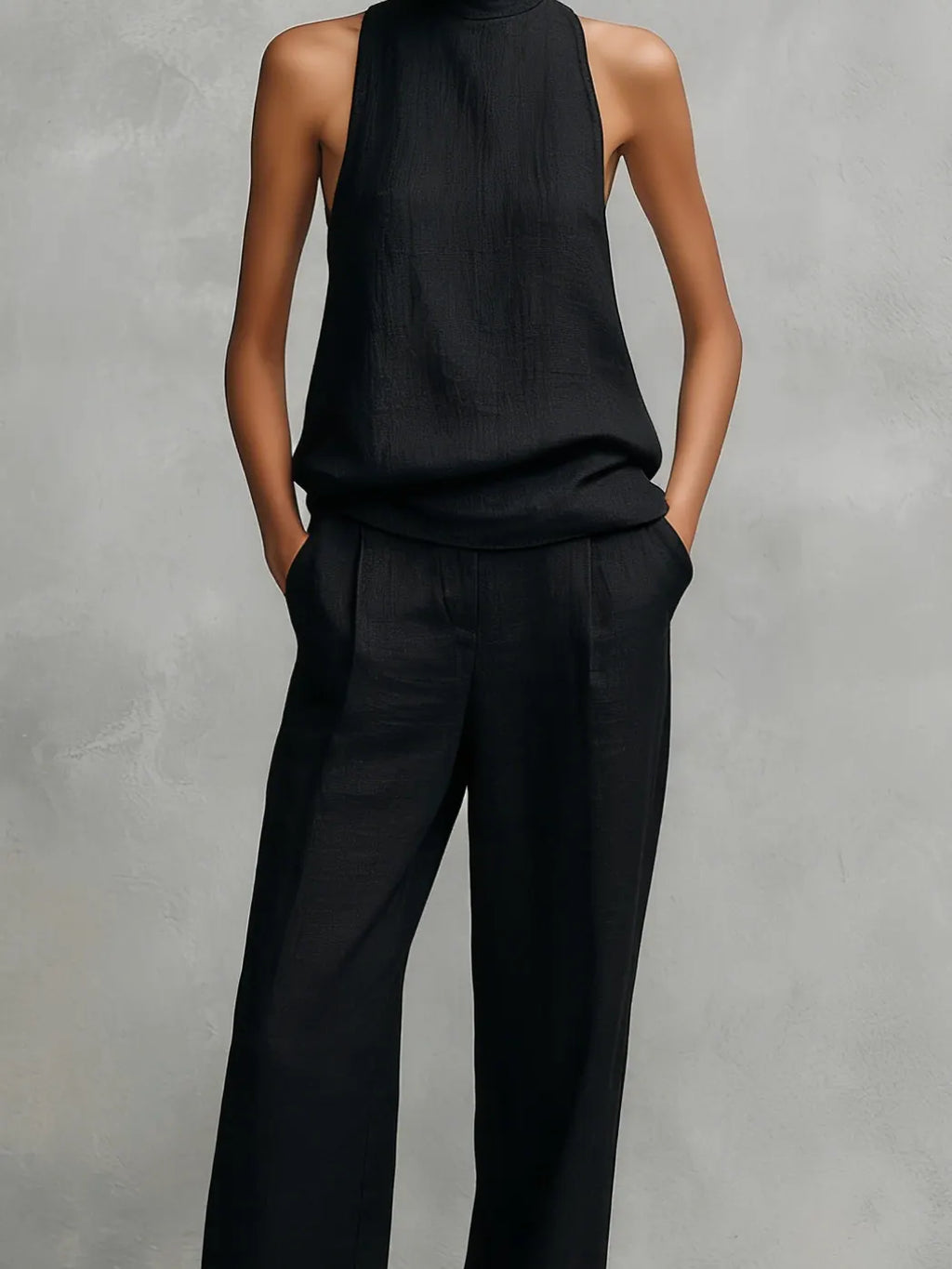 Women's Elegant Black Cotton And Linen Round-neck Sleeveless Top And Trousers Set