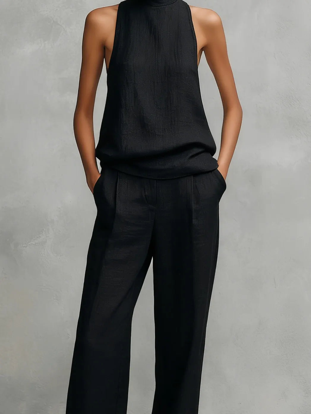 Women's Elegant Black Cotton And Linen Round-neck Sleeveless Top And Trousers Set