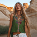 Women's Bohemia Floral Ethnic Style Linen V-neek Sleeveless Top