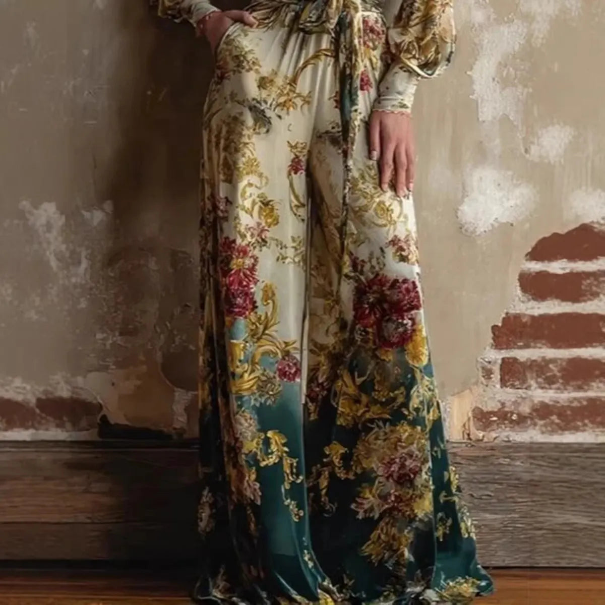 Vintage Floral Print Deep V-Neck Jumpsuit - Elegant High-Waist Wide Leg Long Sleeve Romper