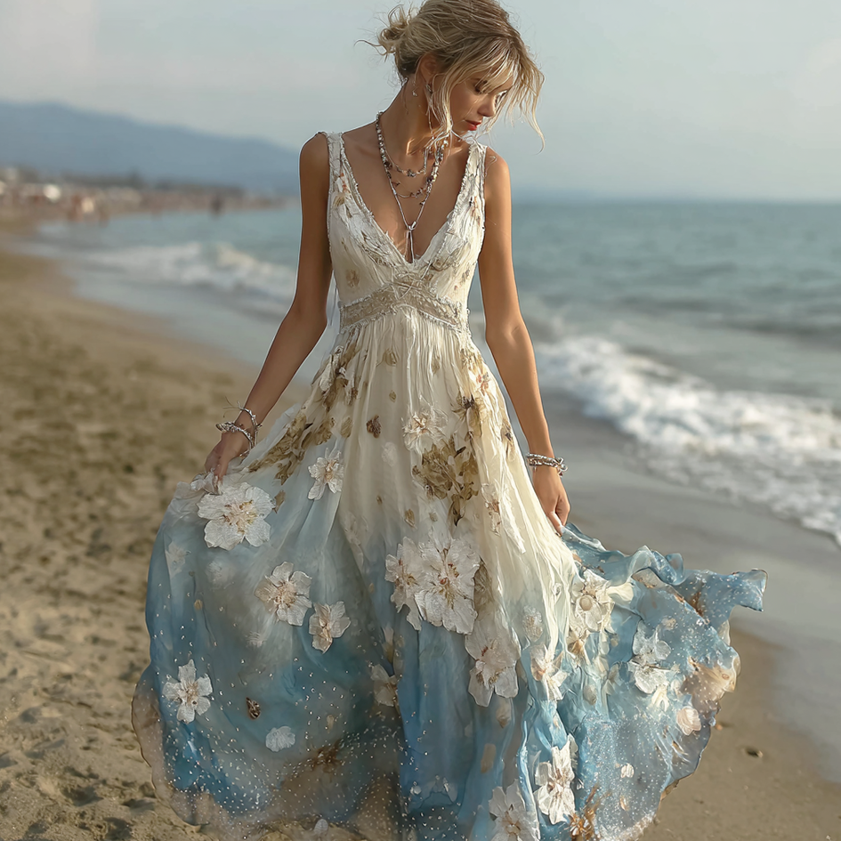 Bohemian Style Plant Flower Gradient Color Long Dress