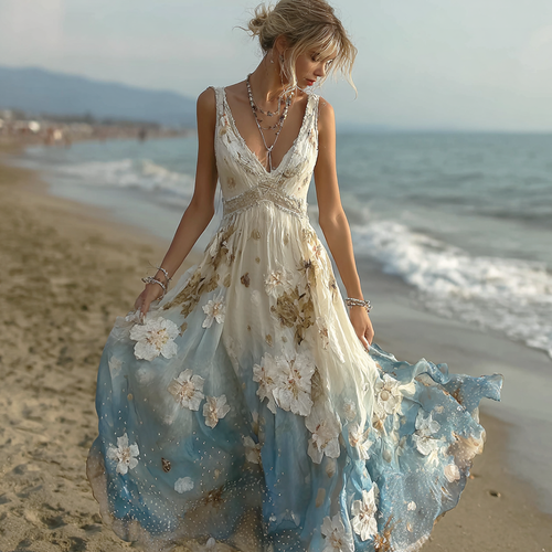 Bohemian Style Plant Flower Gradient Color Long Dress