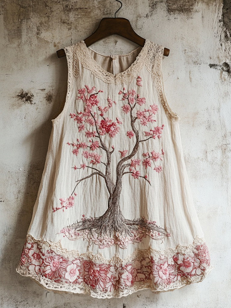 Women's Cherry Blossom Embroidery Lace Art Linen Tank