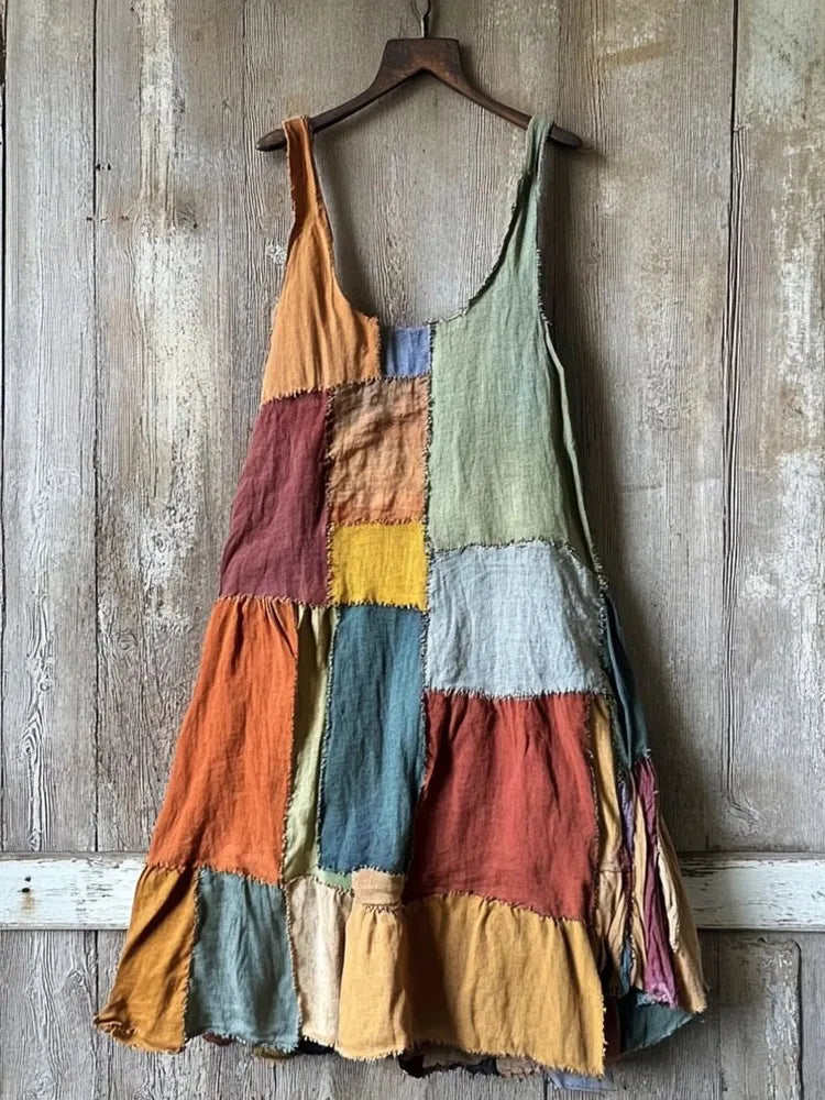 Multicolor Patchwork Linen Blend Midi Dress cd05