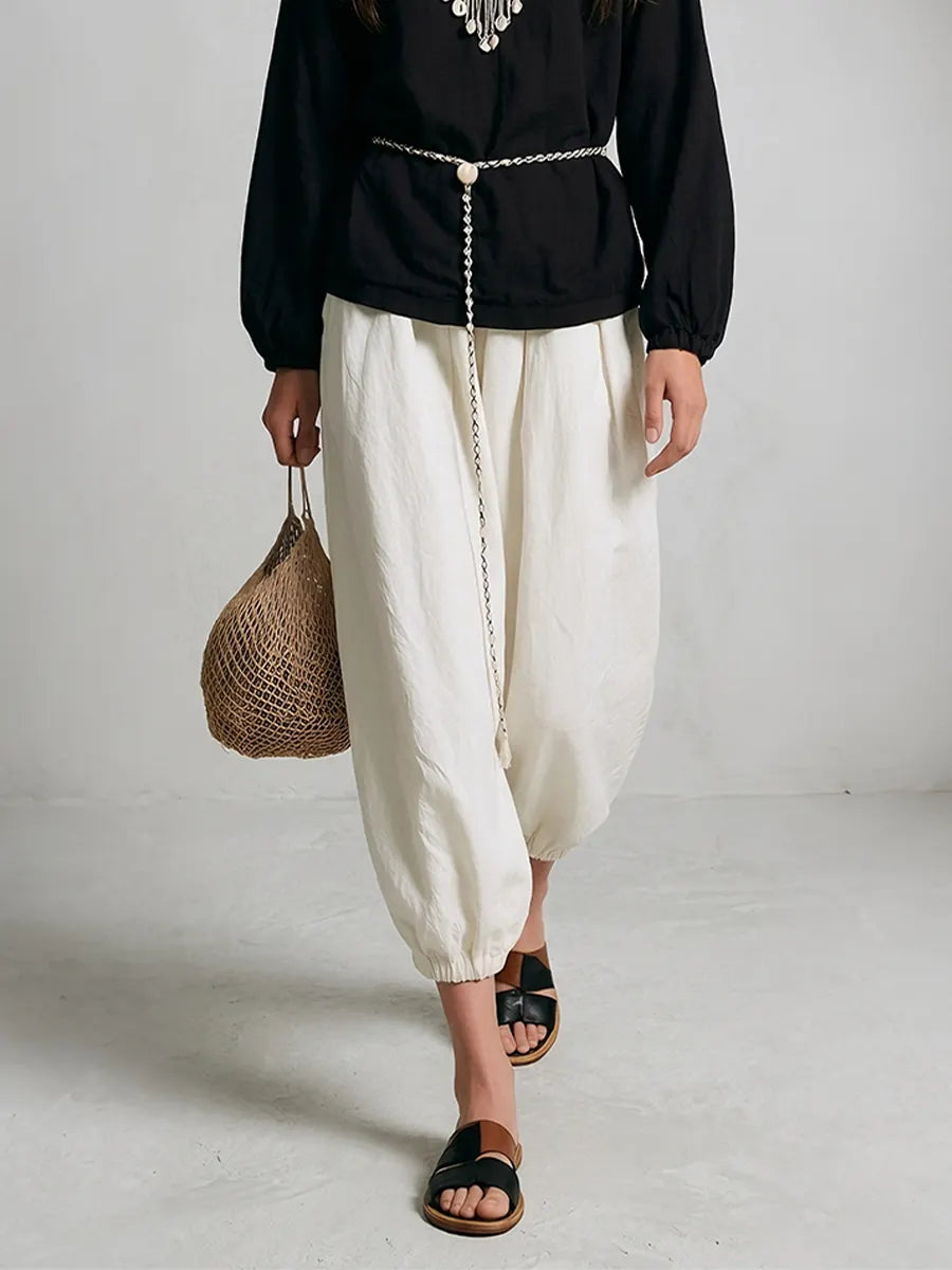 Ethnic Beaded V-Neck Blouse & Cinched-Hem Balloon Pants Set