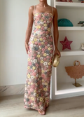 Boho Floral Sequin Maxi Dress - Thin Strap Square Neck Bridal Shower Gown
