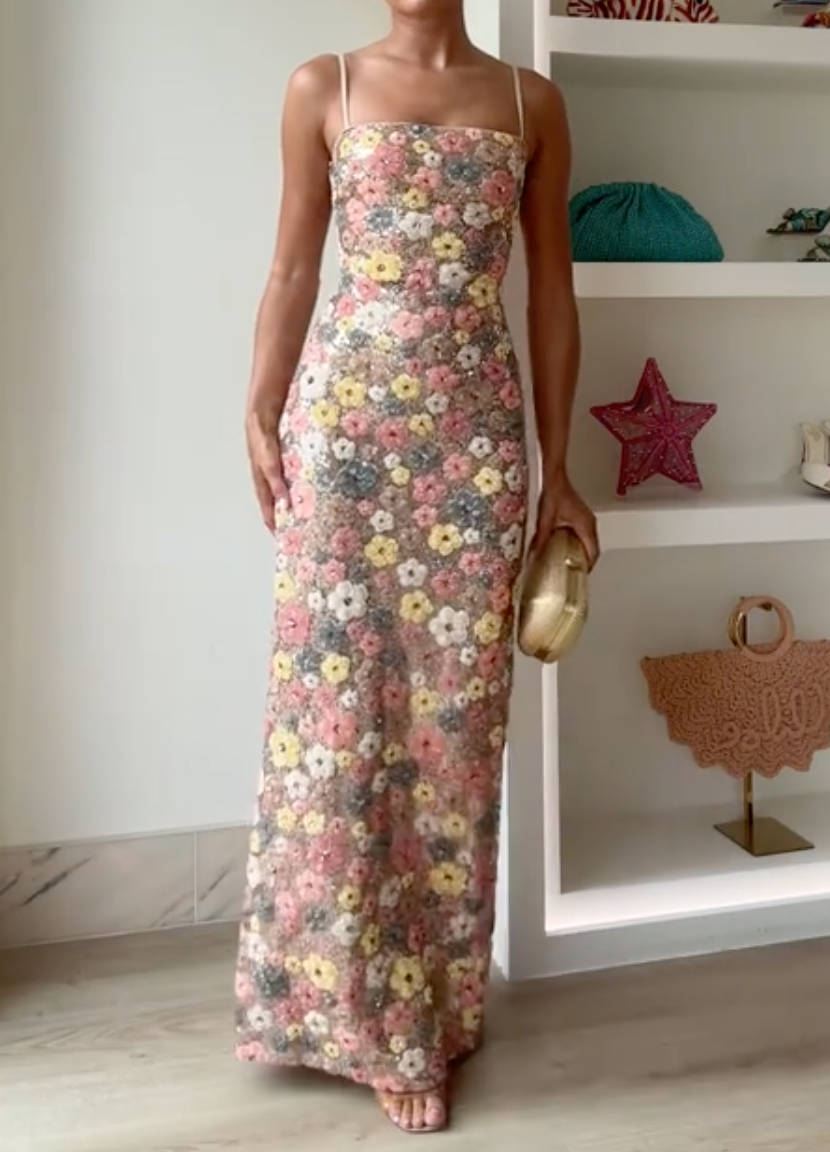 Boho Floral Sequin Maxi Dress - Thin Strap Square Neck Bridal Shower Gown