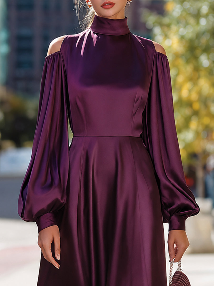 High-Neck Cold-Shoulder Satin Midi Dress