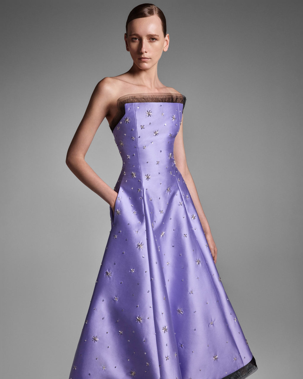 LOOK 3 Celestial Straight Across Lavender Mikado Midi Dress
