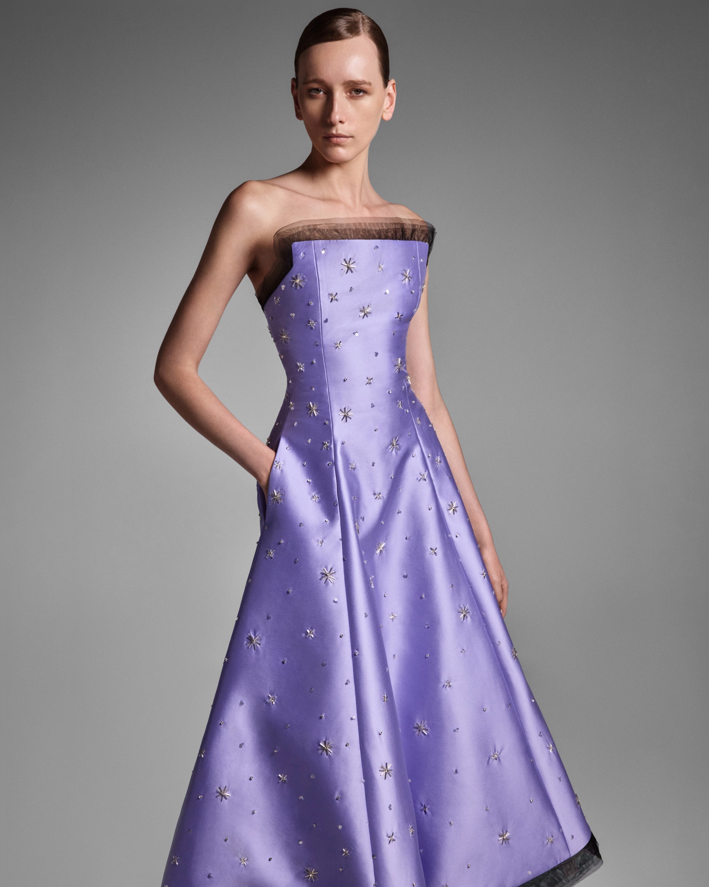 LOOK 3 Celestial Straight Across Lavender Mikado Midi Dress