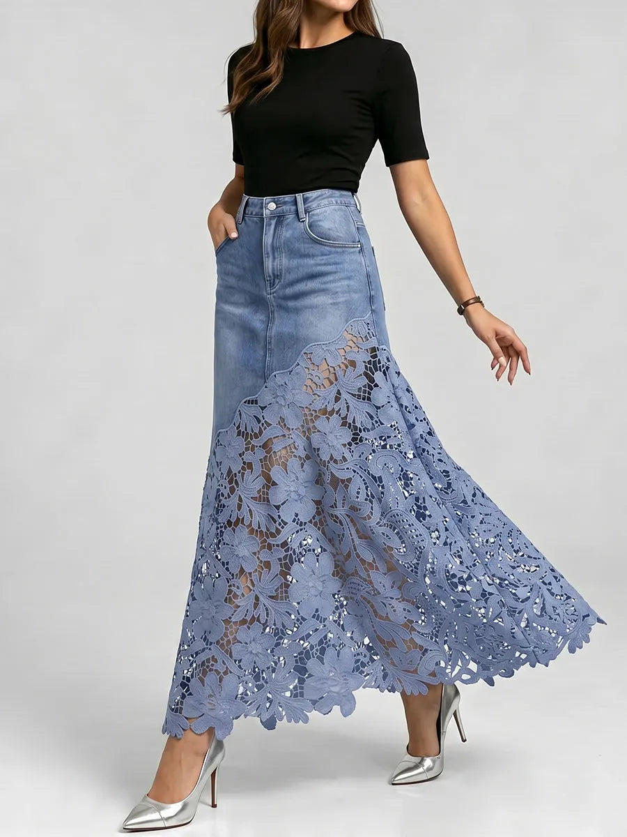 Elegant & Sexy Denim Skirt With Floral Lace Hem