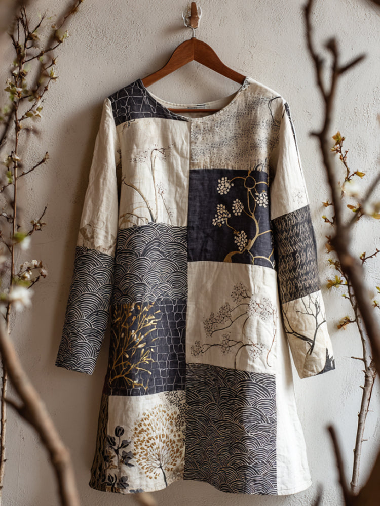 Women's Japanese Floral Patchwork Art Linen Round-neck Dress
