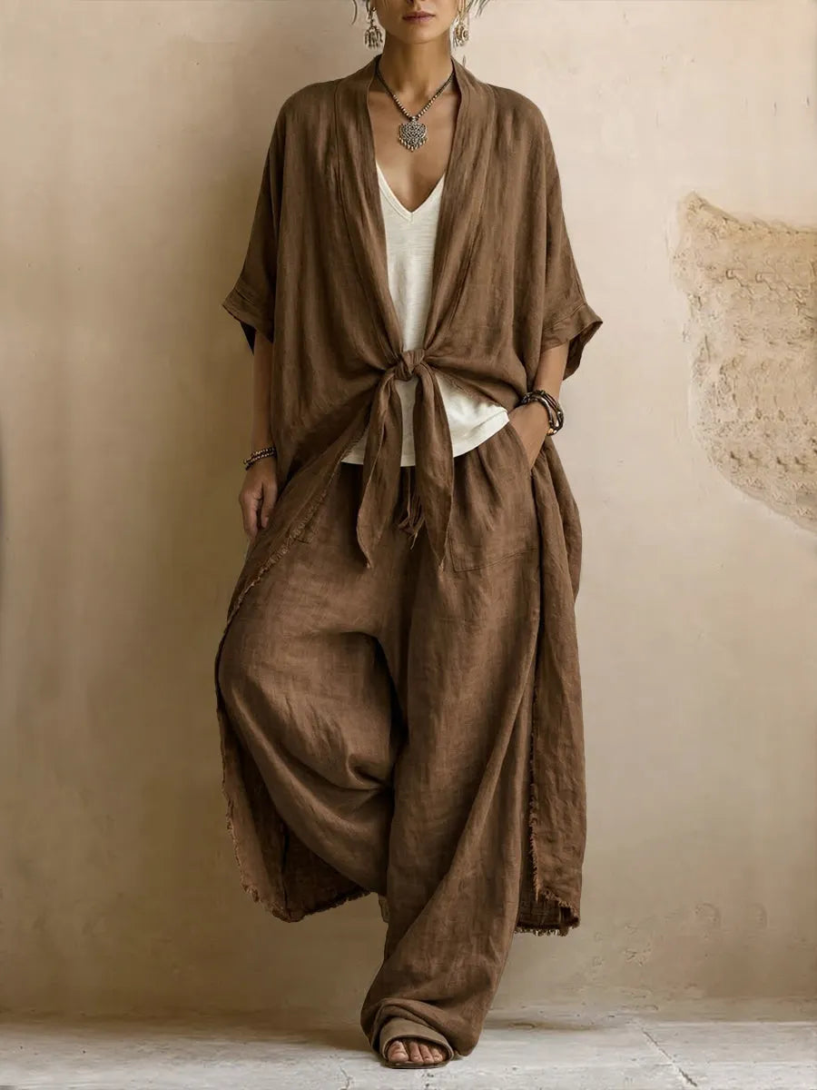 Bohemian-style Linen And Cotton Two-piece Set: Long Cardigan And Trousers