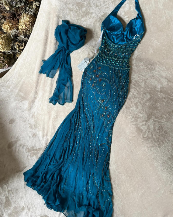 Blue delicate beaded chiffon long dress