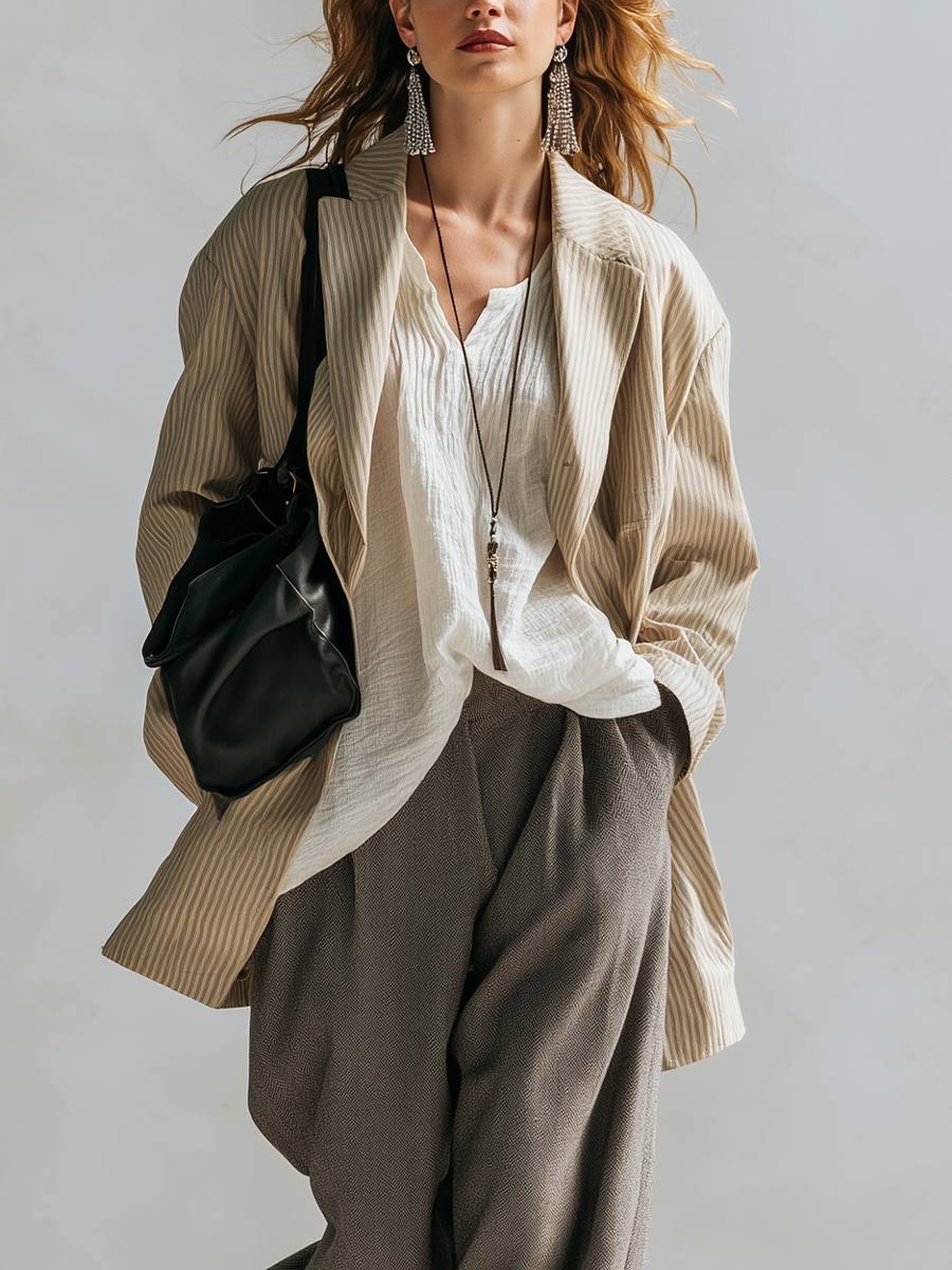 Striped Jacket Paired With A White Shirt And Brown Harem Pants Set