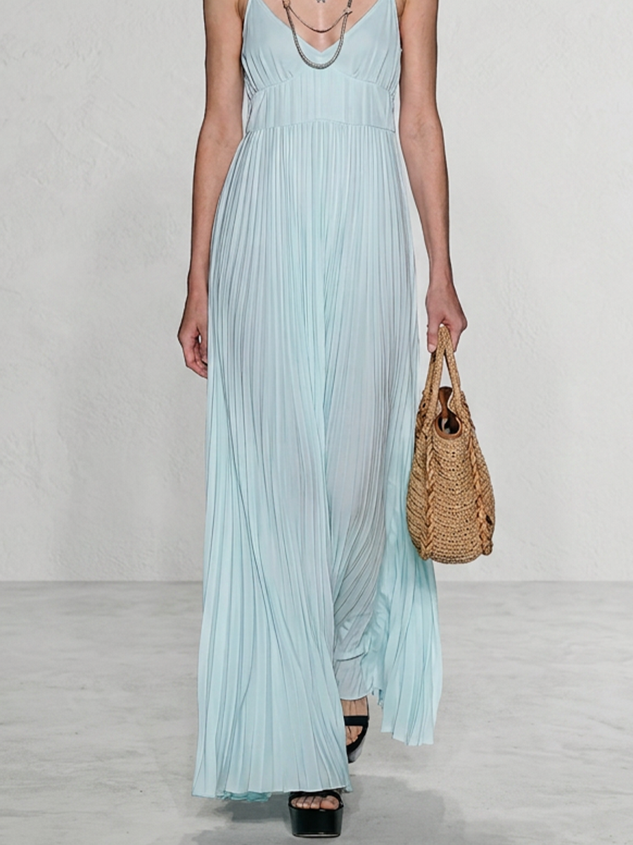 Resort Sleeveless Accordion Pleated A-Line Beach Maxi Dress