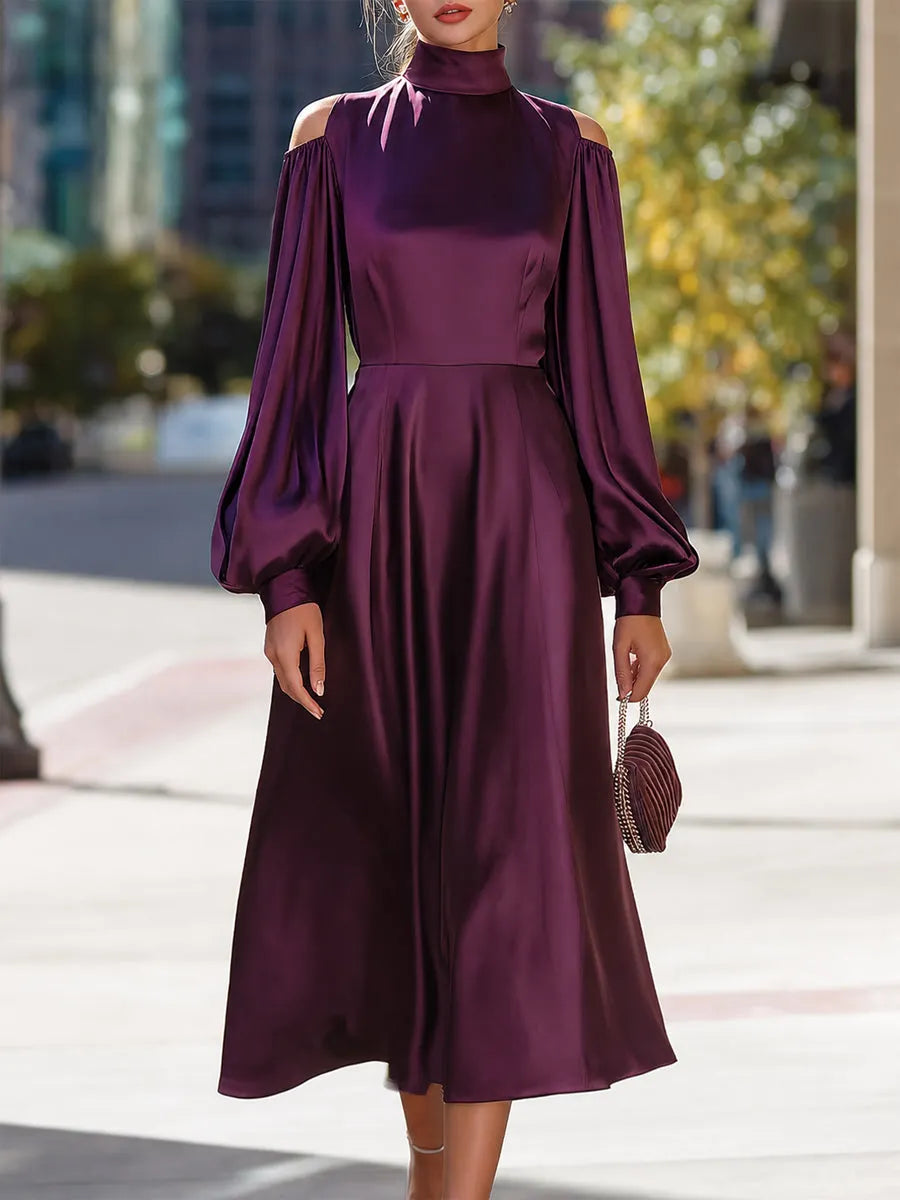 High-Neck Cold-Shoulder Satin Midi Dress