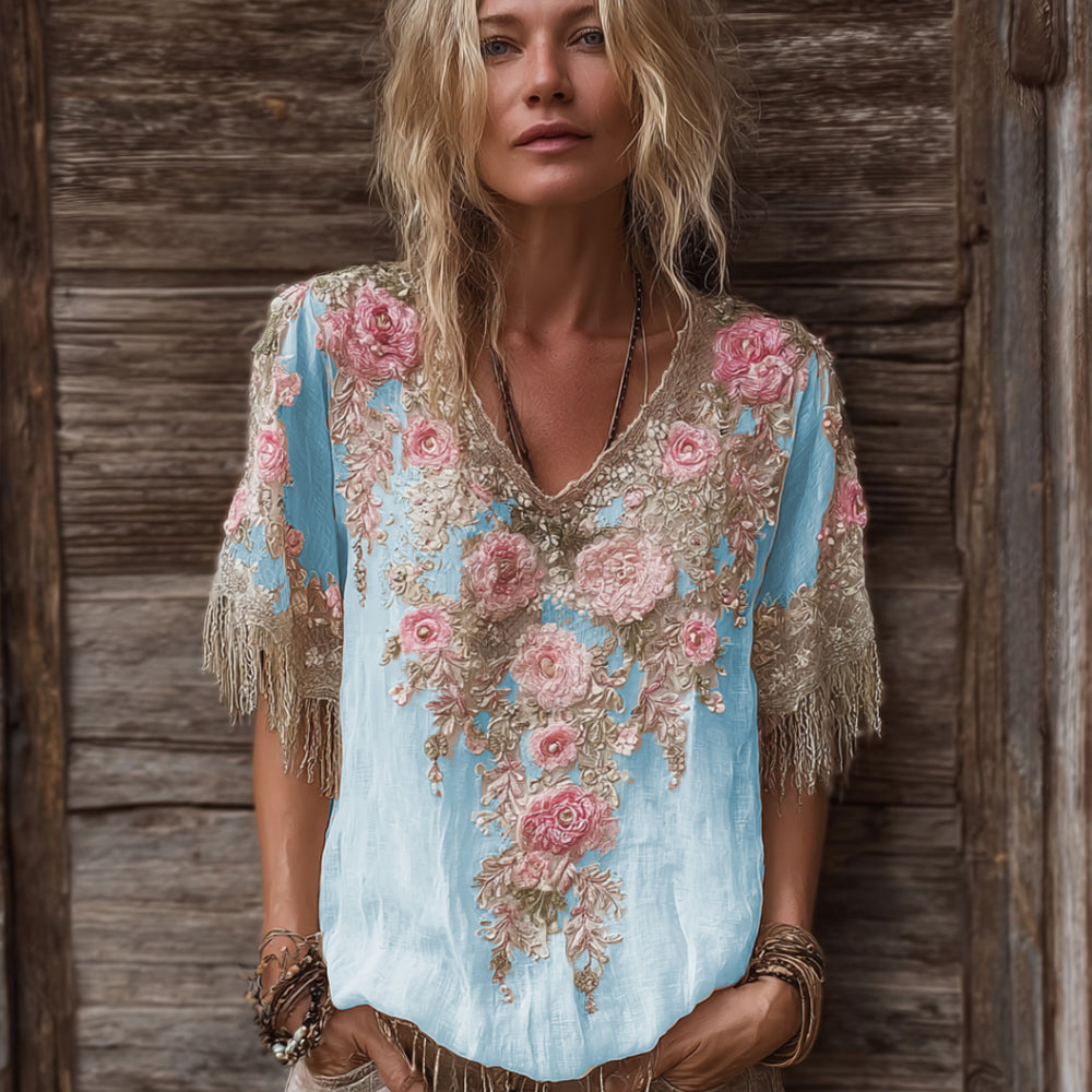 Women's Rose Flower V-neck Vintage Linen Short-sleeve Shirt