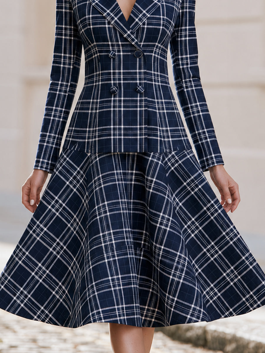 Notched Lapel Double Breasted  Plaid Long Sleeve Fit & Flare Midi Dress
