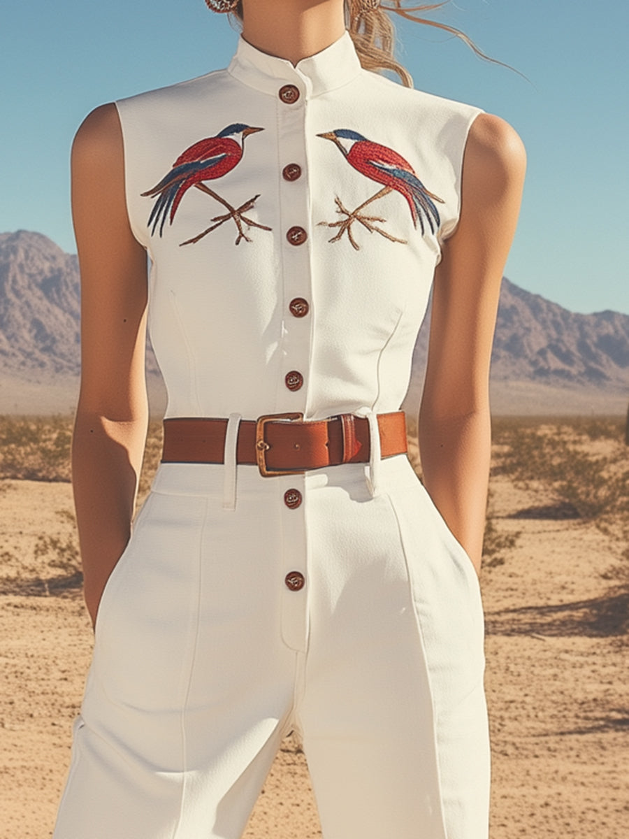 [24-hour shipping out]Retro Western Style Embroidered Stand Collar Sleeveless Wide Leg Jumpsuit