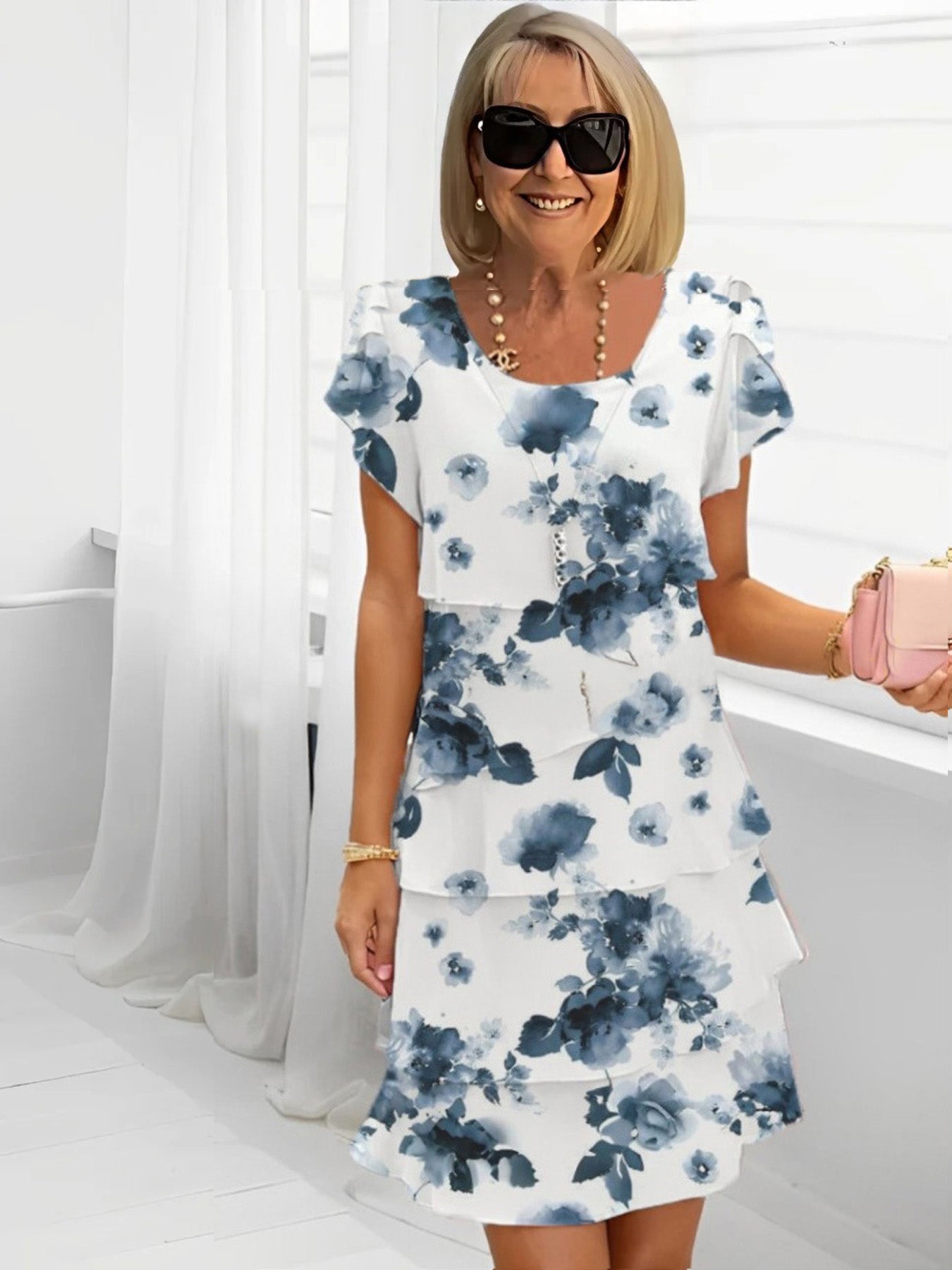 Multi-plant Floral Print Cascade Dress