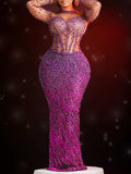 Elegant U-Neck Beaded Decorate See-Through Wrap Purple Maxi Dress