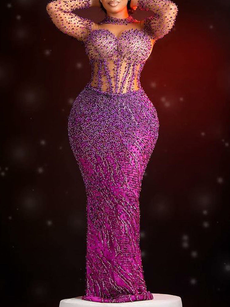 Elegant U-Neck Beaded Decorate See-Through Wrap Purple Maxi Dress